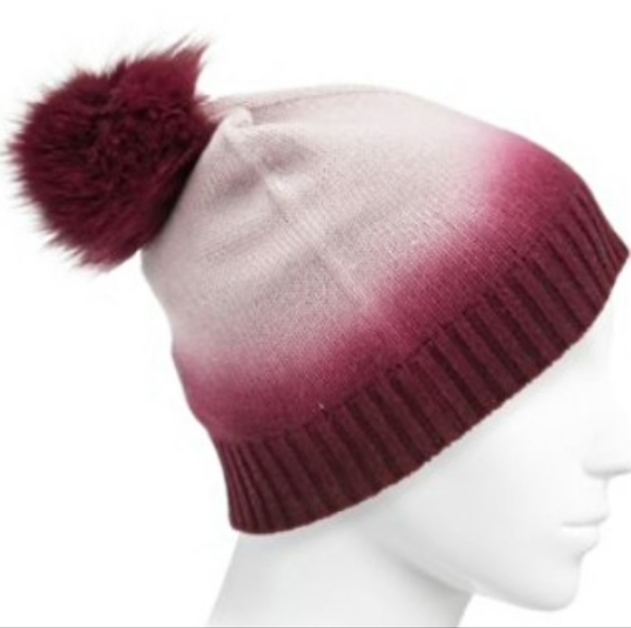Sofia cashmere and fox fur pom-pom beanie in burgundy and winter white - Picture 2 of 4